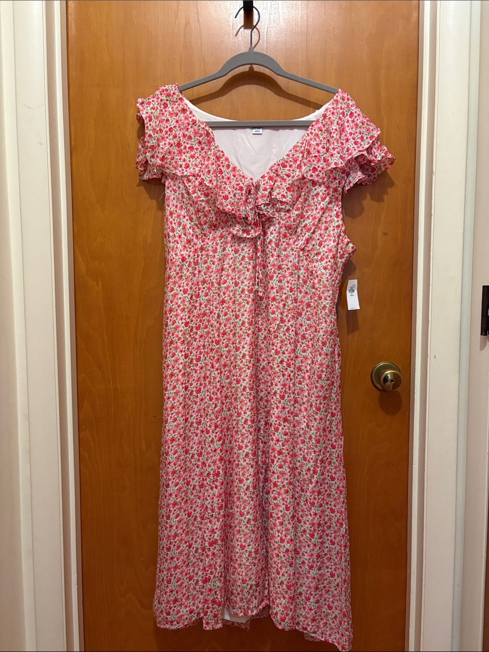 NWT Old Navy Pink Floral Midi Dress with Ruffle V-Neck + Front/Back Tie Details